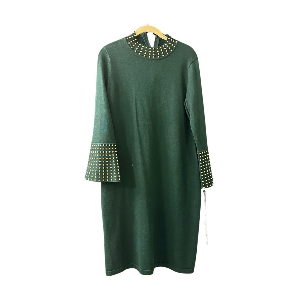 Calvin Klein Long Sleeve Green Mock Neck Sheath Dress With Gold Studs-NWT-L - Picture 9 of 15